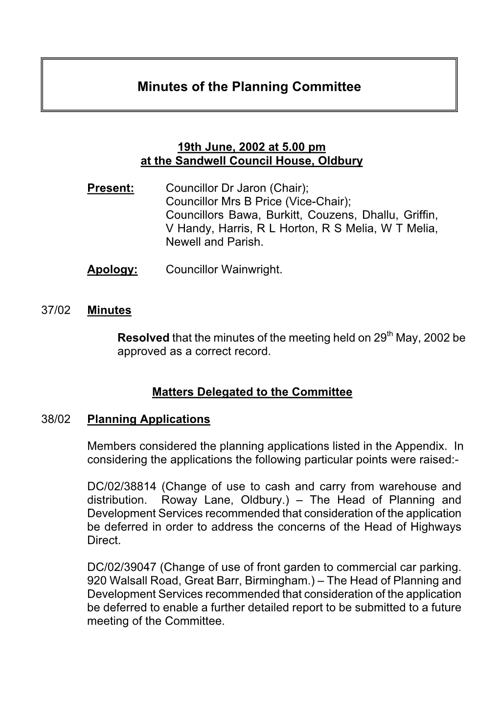 Minutes of the Planning Committee