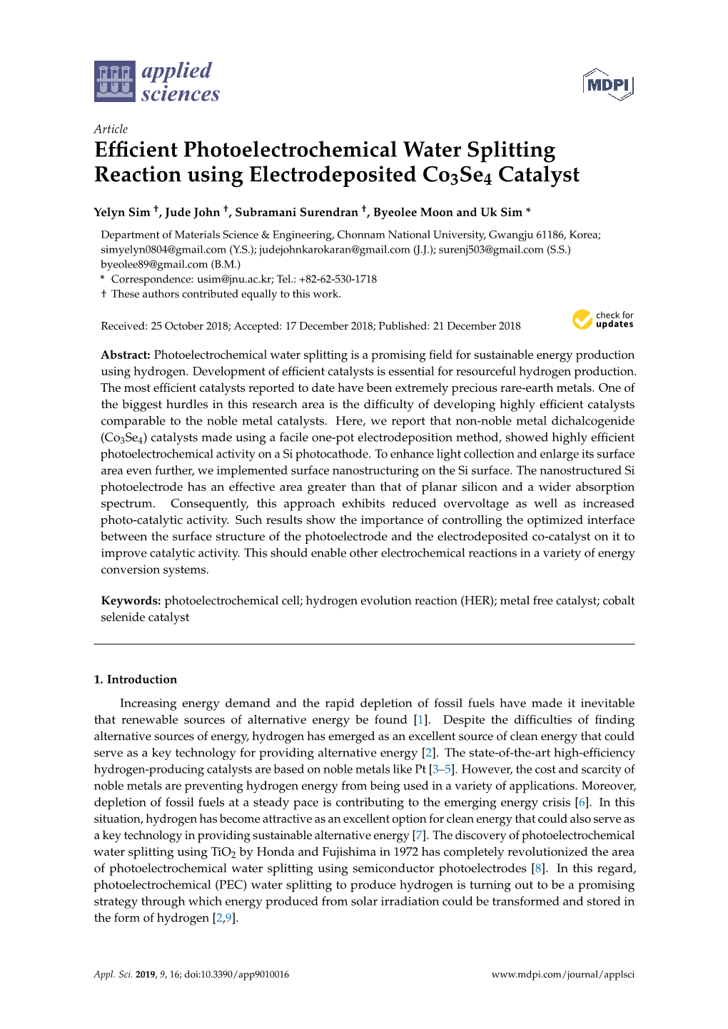 Efficient Photoelectrochemical Water Splitting Reaction Using