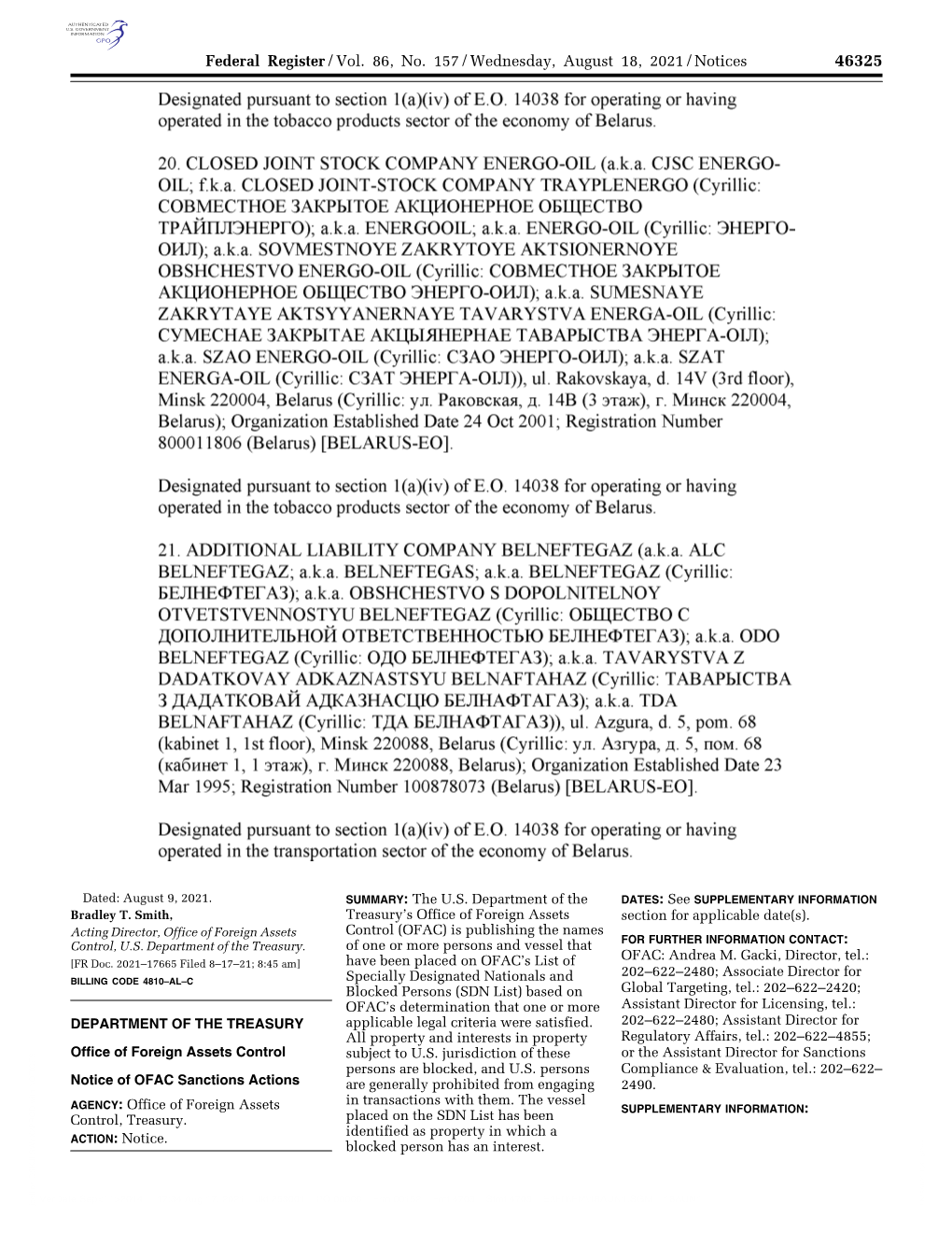 Designated Pursuant to Section L(A)(Iv) of E.O