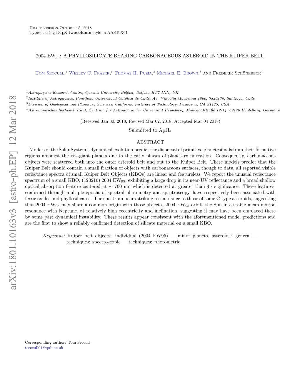 2004 Ew95: a Phyllosilicate Bearing Carbonaceous Asteroid in the Kuiper Belt