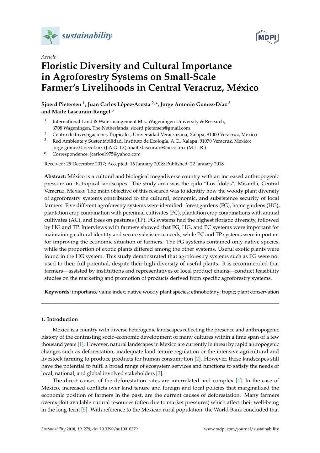 Floristic Diversity and Cultural Importance in Agroforestry Systems on Small-Scale Farmer’S Livelihoods in Central Veracruz, México