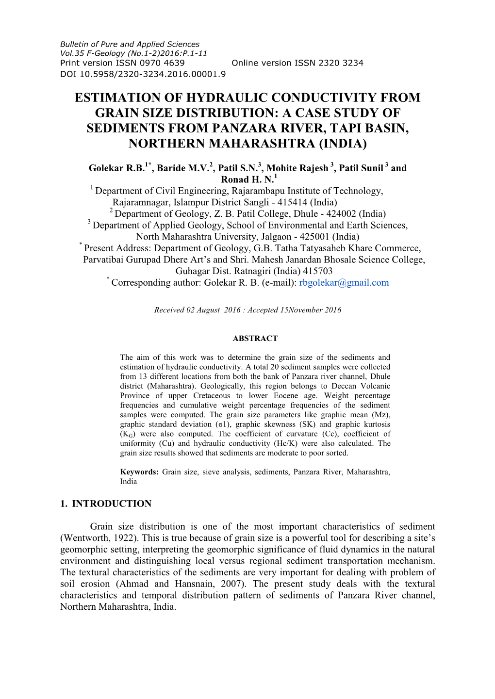 Estimation of Hydraulic Conductivity from Grain Size Distribution: a Case Study of Sediments from Panzara River, Tapi Basin, Northern Maharashtra (India)