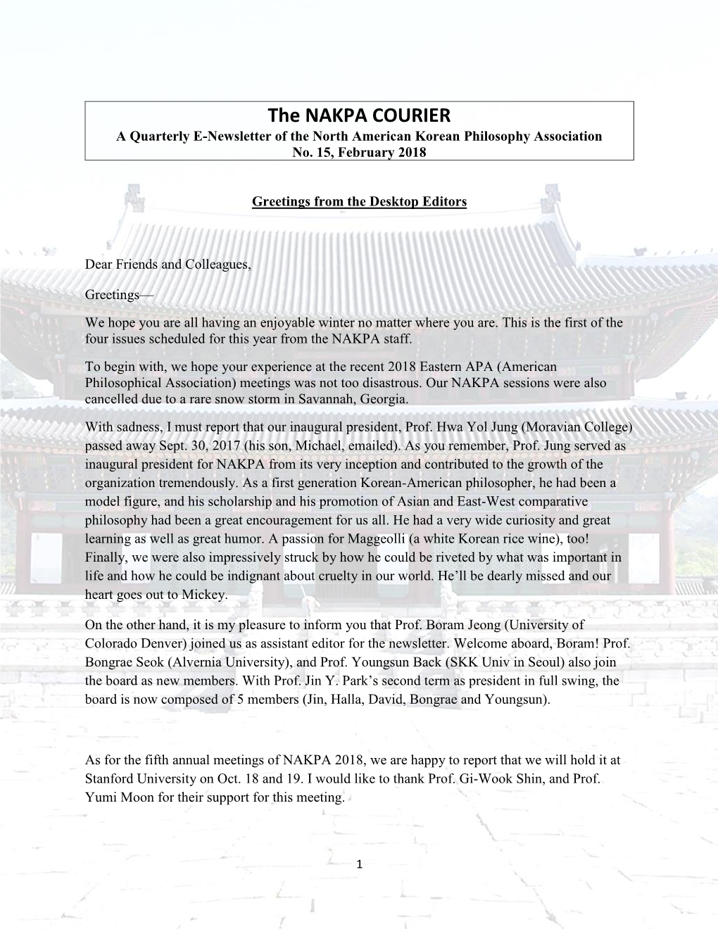 The NAKPA COURIER a Quarterly E-Newsletter of the North American Korean Philosophy Association No