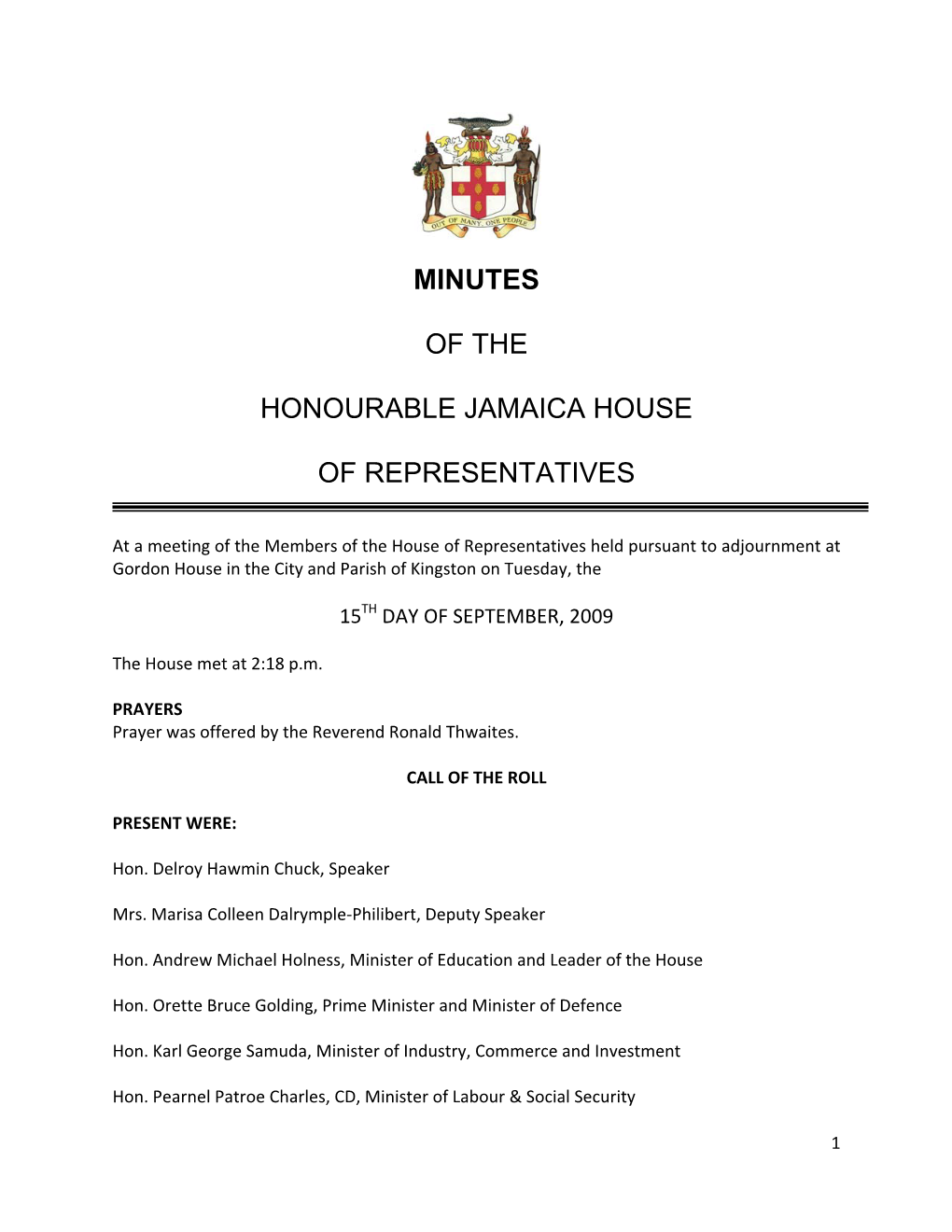 Minutes of the Honourable Jamaica House Of