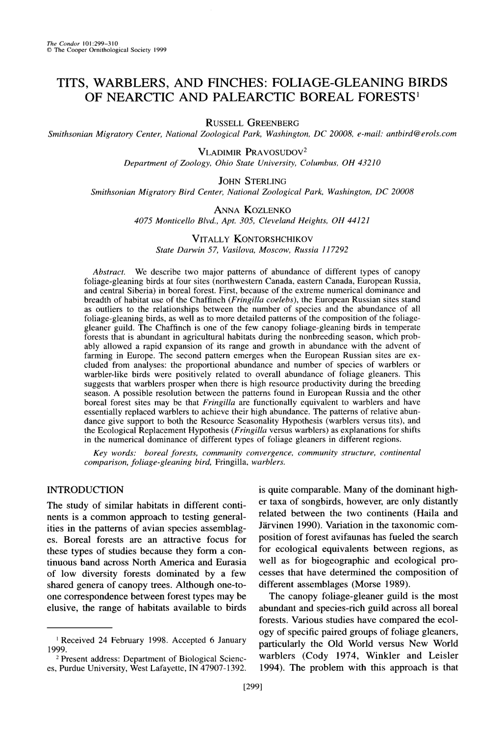 Tits, Warblers, and Finches: Foliage-Gleaning Birds of Nearctic and Palearctic Boreal Forests ’