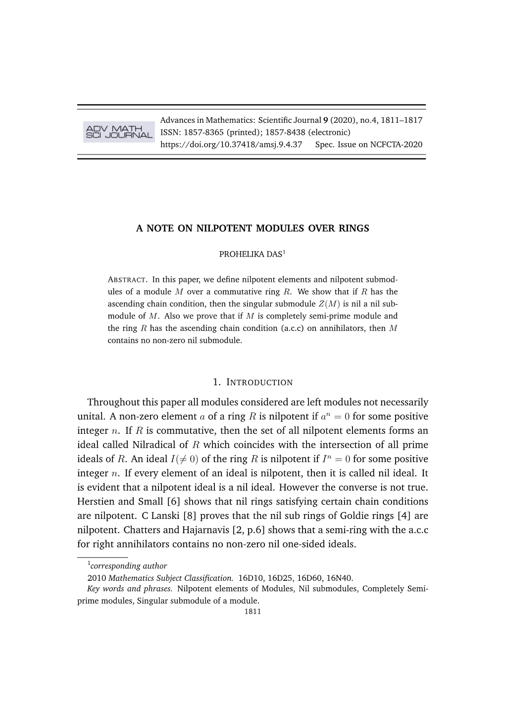 A NOTE on NILPOTENT MODULES OVER RINGS Throughout This