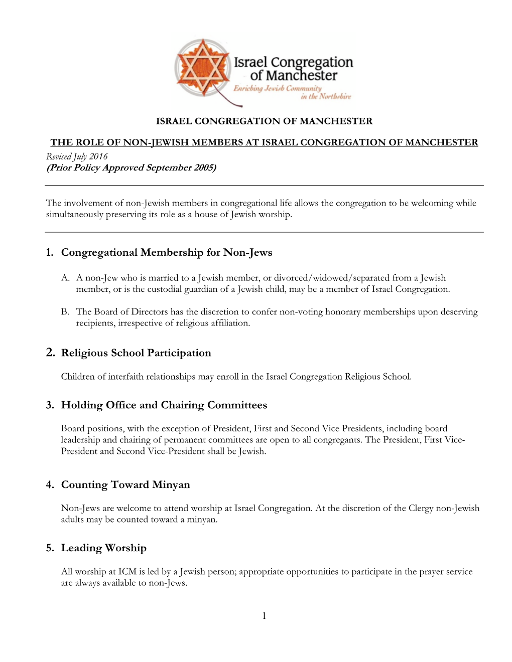 ROLE of NON-JEWISH MEMBERS at ISRAEL CONGREGATION of MANCHESTER Revised July 2016 (Prior Policy Approved September 2005)