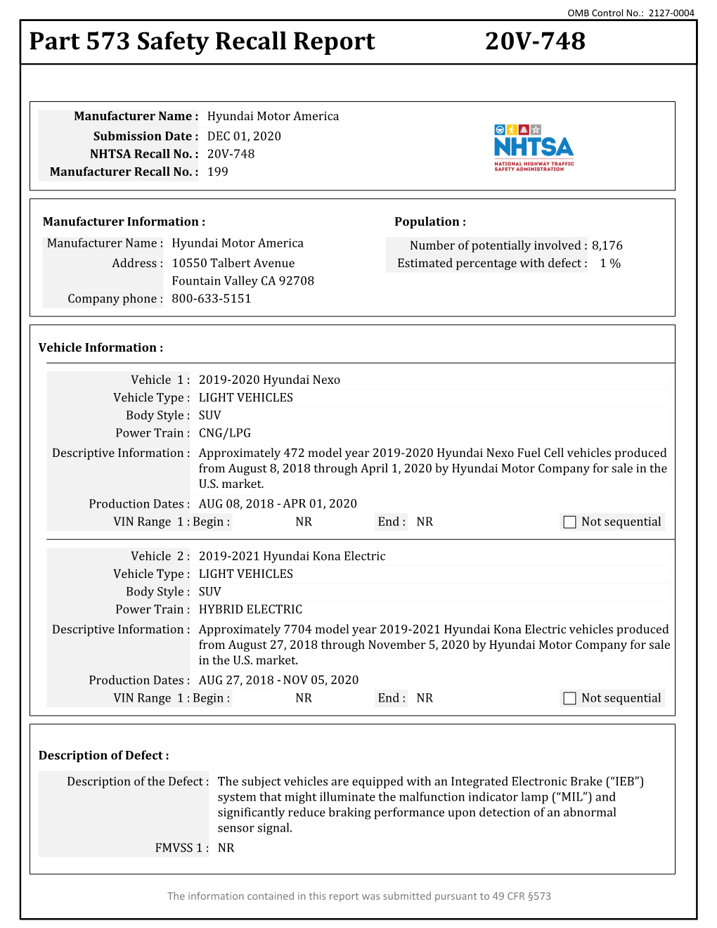 Part 573 Safety Recall Report 20V-748