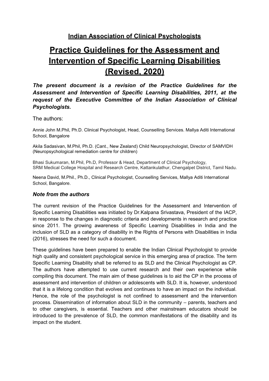 Practice Guidelines for the Assessment and Intervention of Specific Learning Disabilities (Revised, 2020)