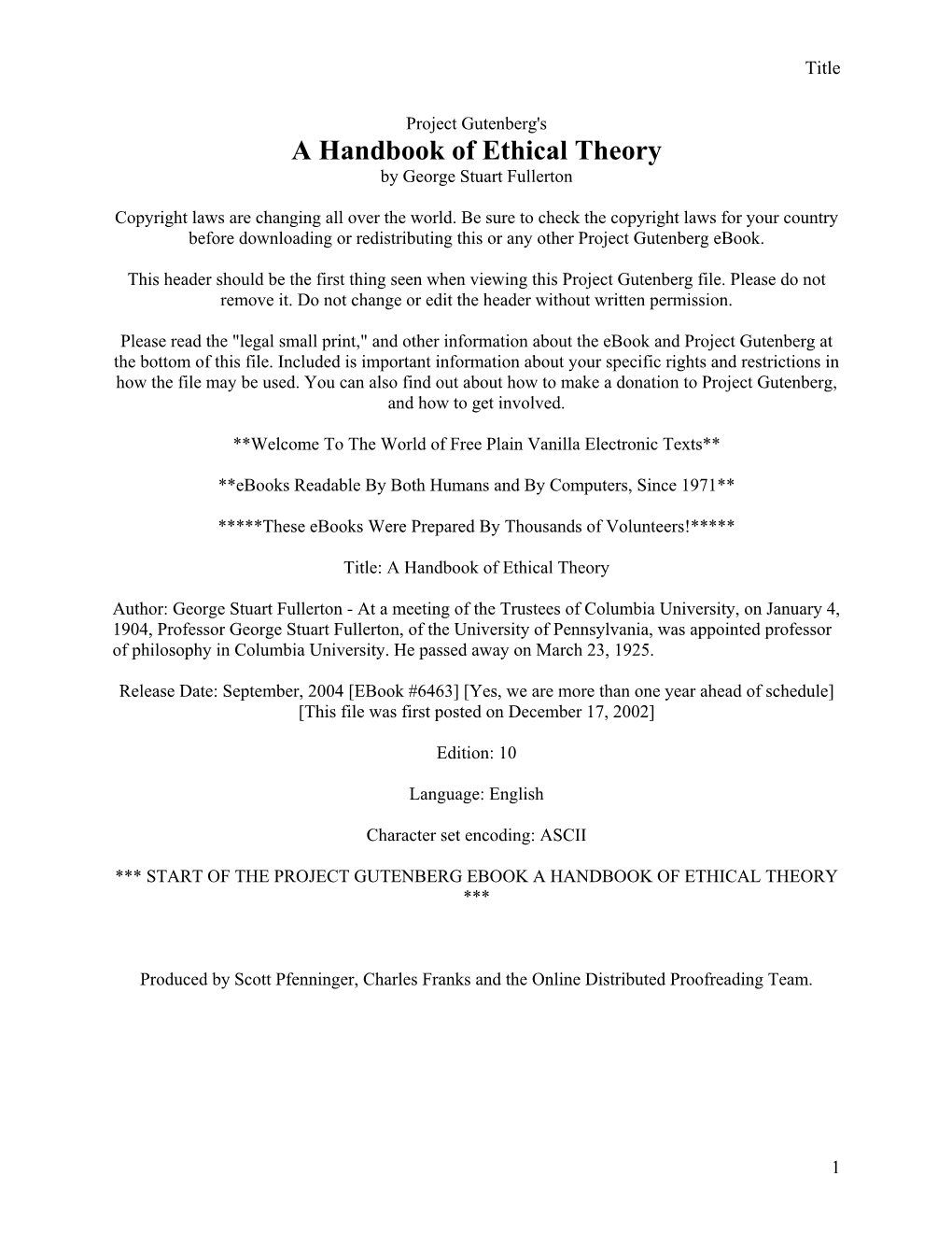 Project Gutenberg's a Handbook of Ethical Theory, By