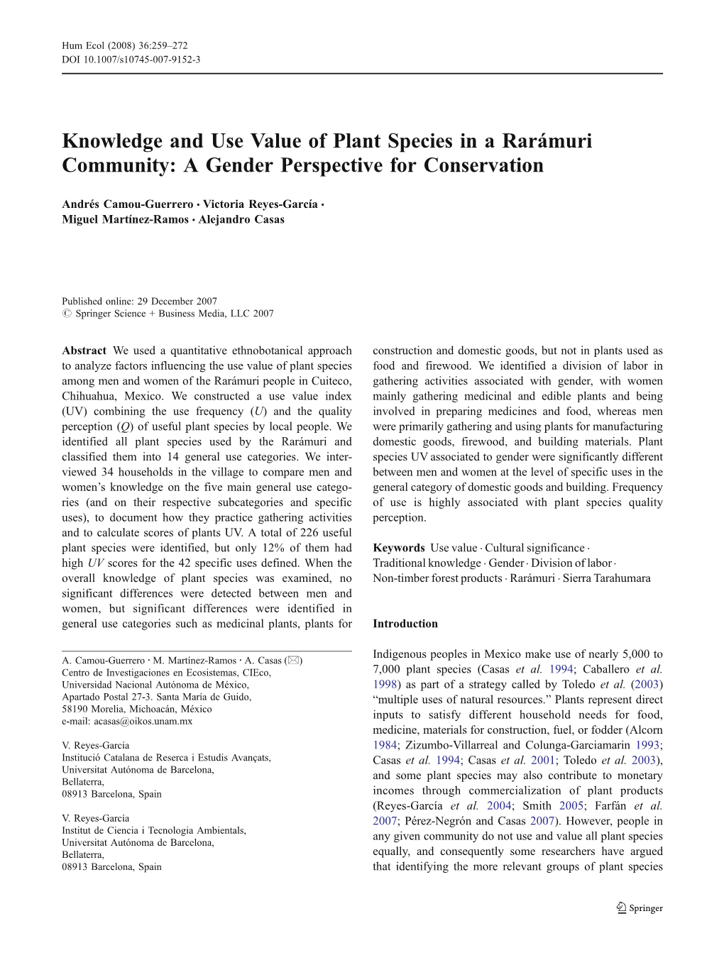 Knowledge and Use Value of Plant Species in a Rarámuri Community: a Gender Perspective for Conservation