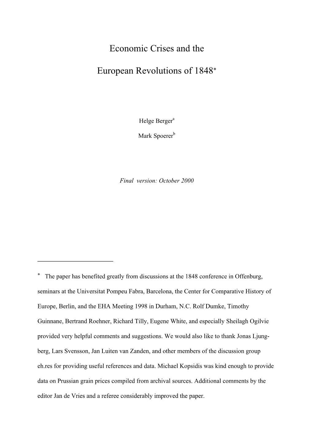 Economic Crises and the European Revolutions of 1848*