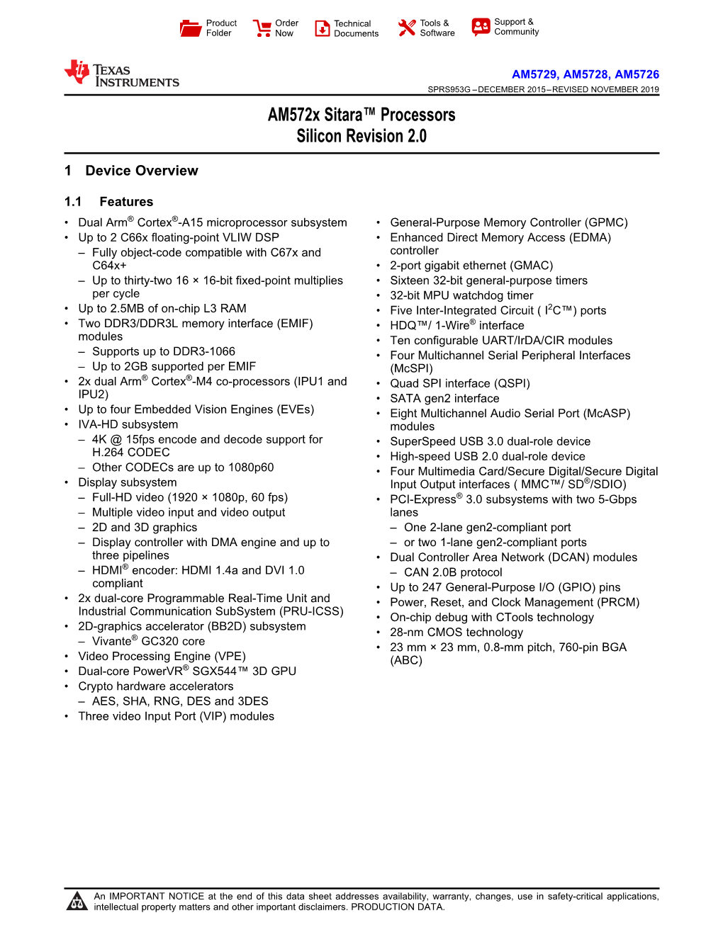 Am572x Sitara™ Processors Silicon Revision 2.0 Datasheet