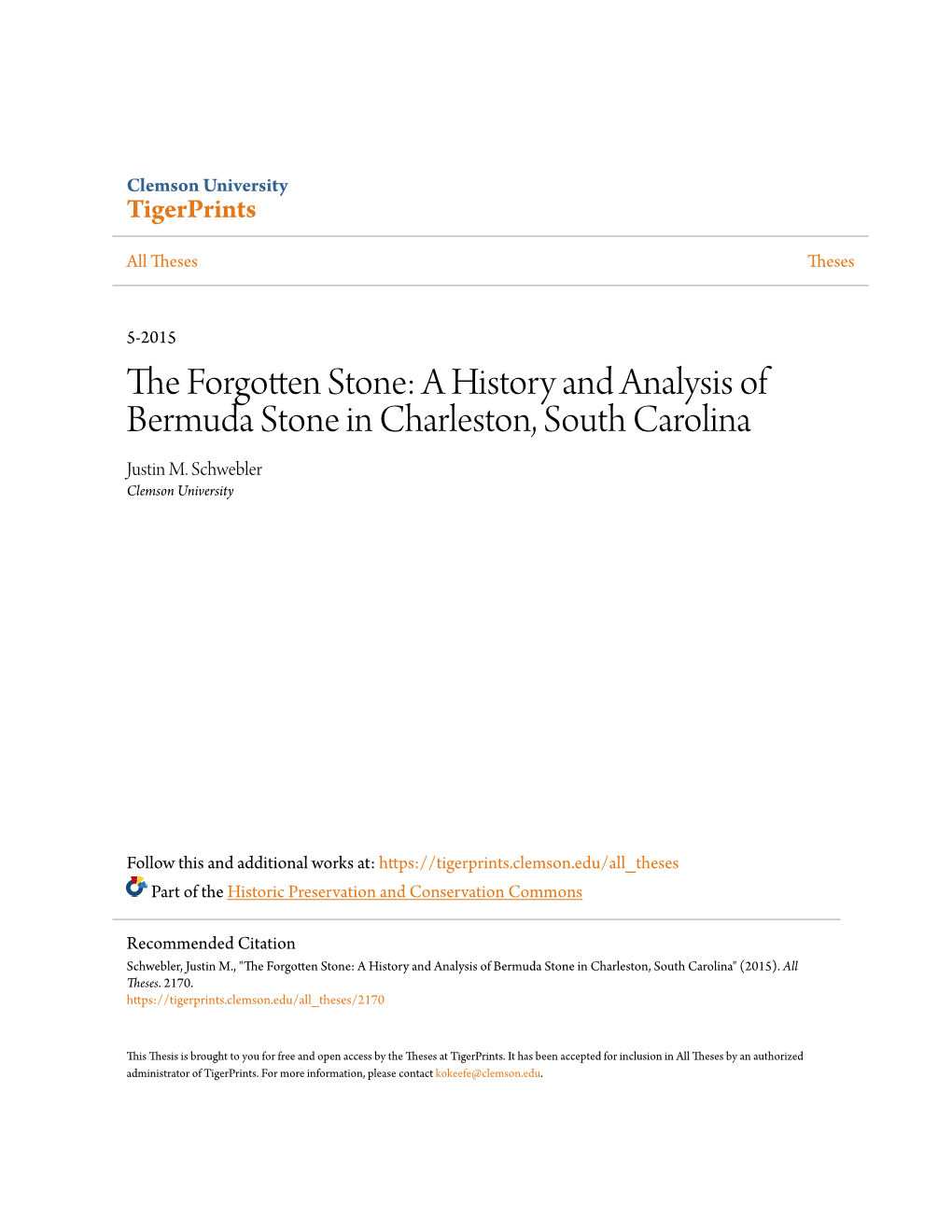 A History and Analysis of Bermuda Stone in Charleston, South Carolina Justin M