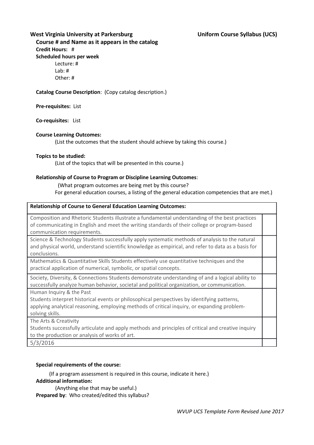 West Virginia University at Parkersburg Uniform Course Syllabus (UCS)