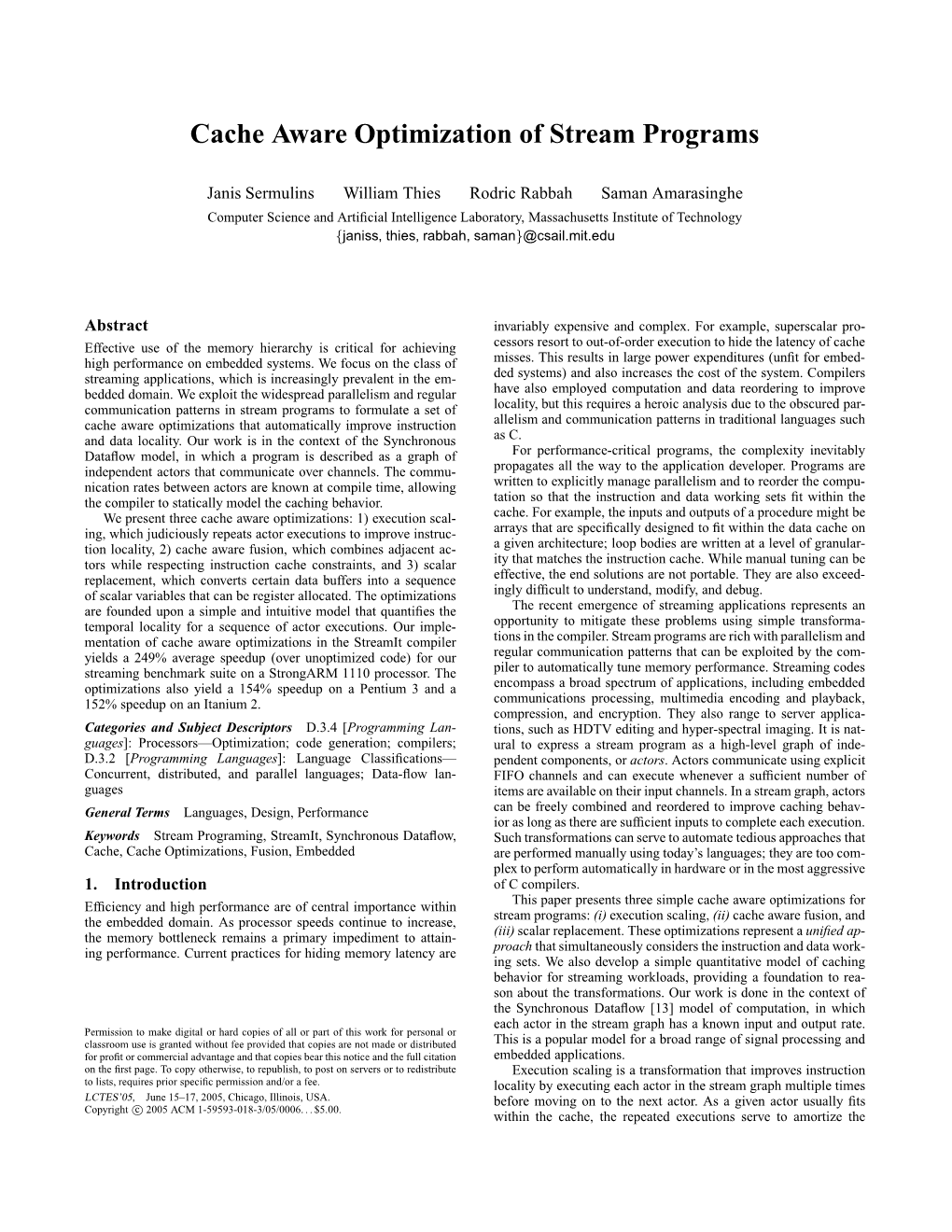 Cache Aware Optimization of Stream Programs