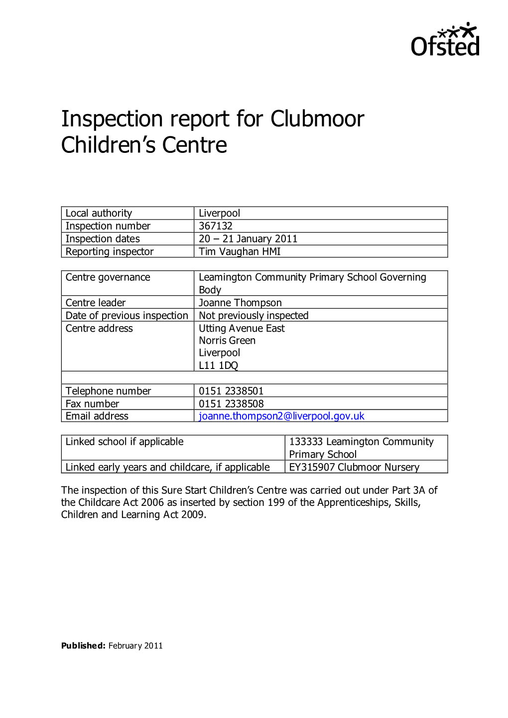 Inspection Report for Clubmoor Children's Centre