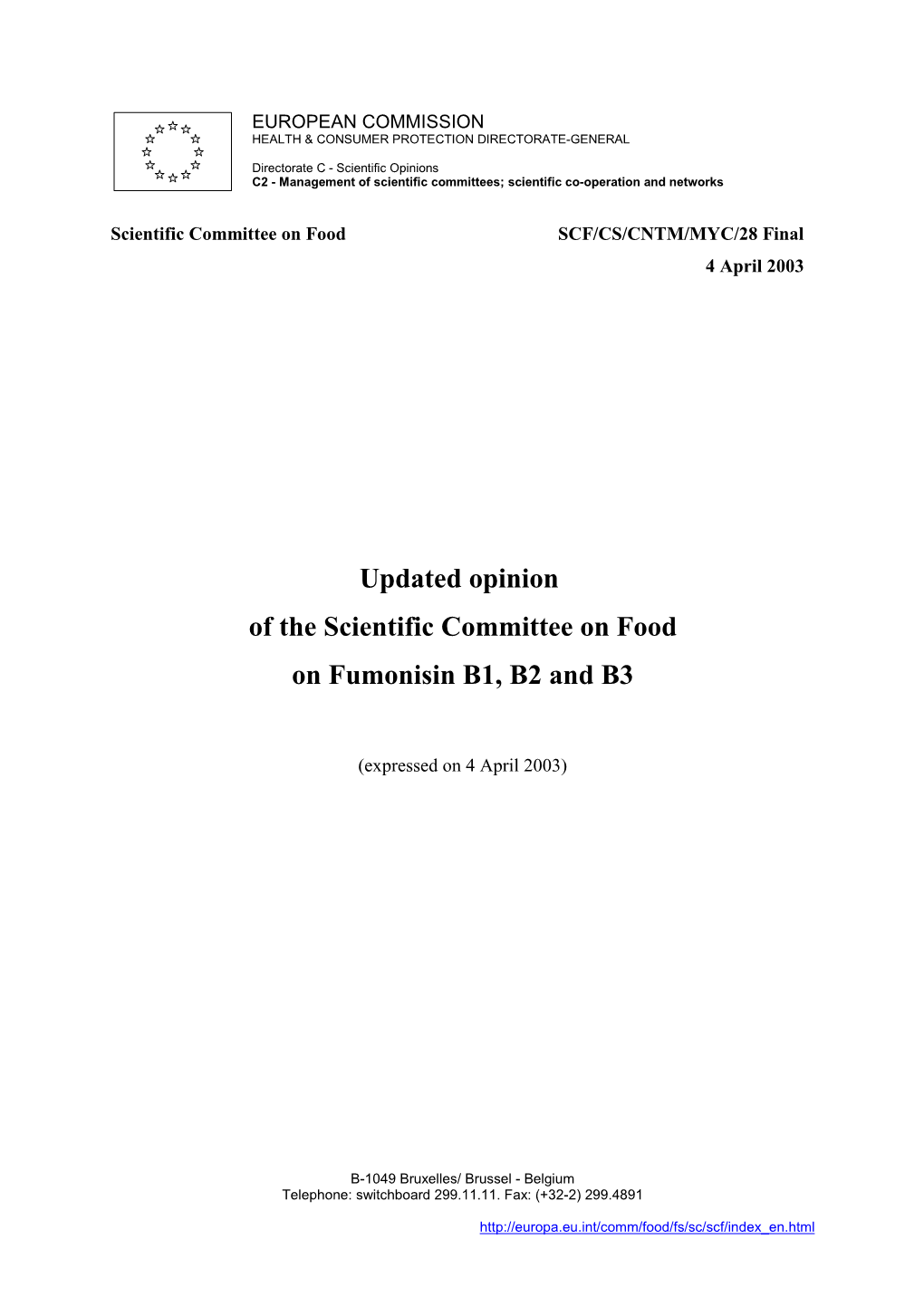 Updated Opinion of the Scientific Committee on Food on Fumonisin B1, B2 and B3