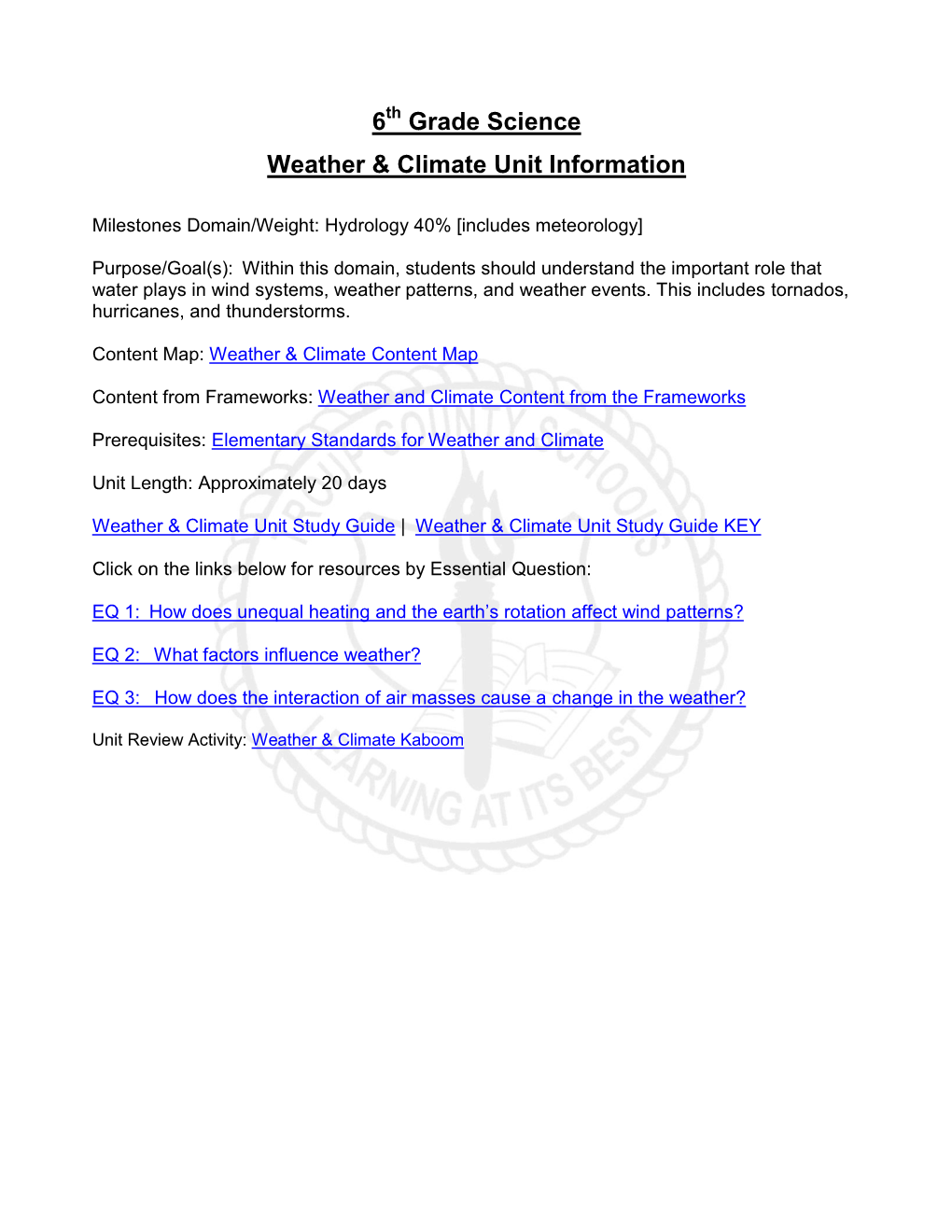 6 Grade Science Weather & Climate Unit Information