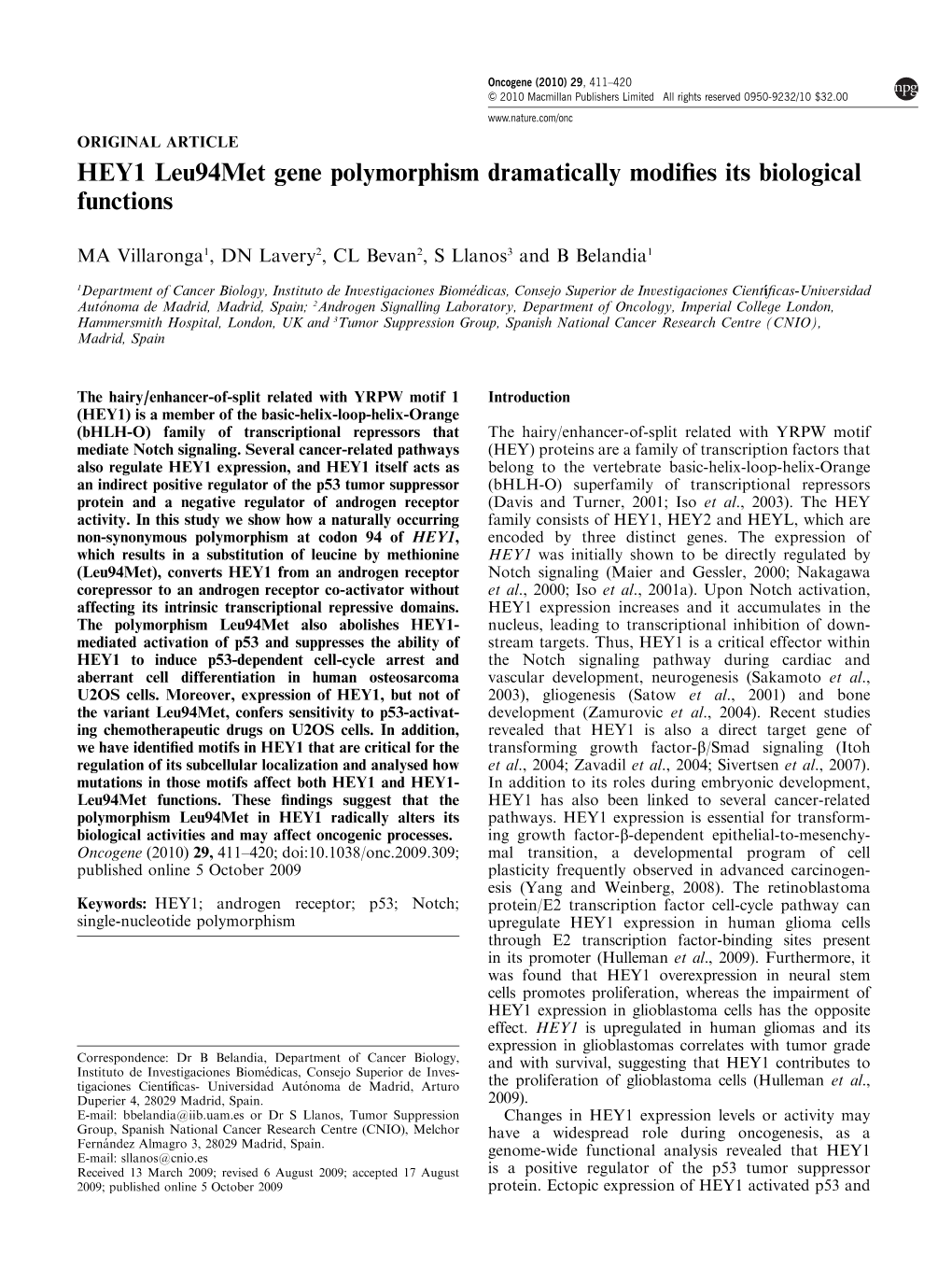 HEY1 Leu94met Gene Polymorphism Dramatically Modifies Its Biological