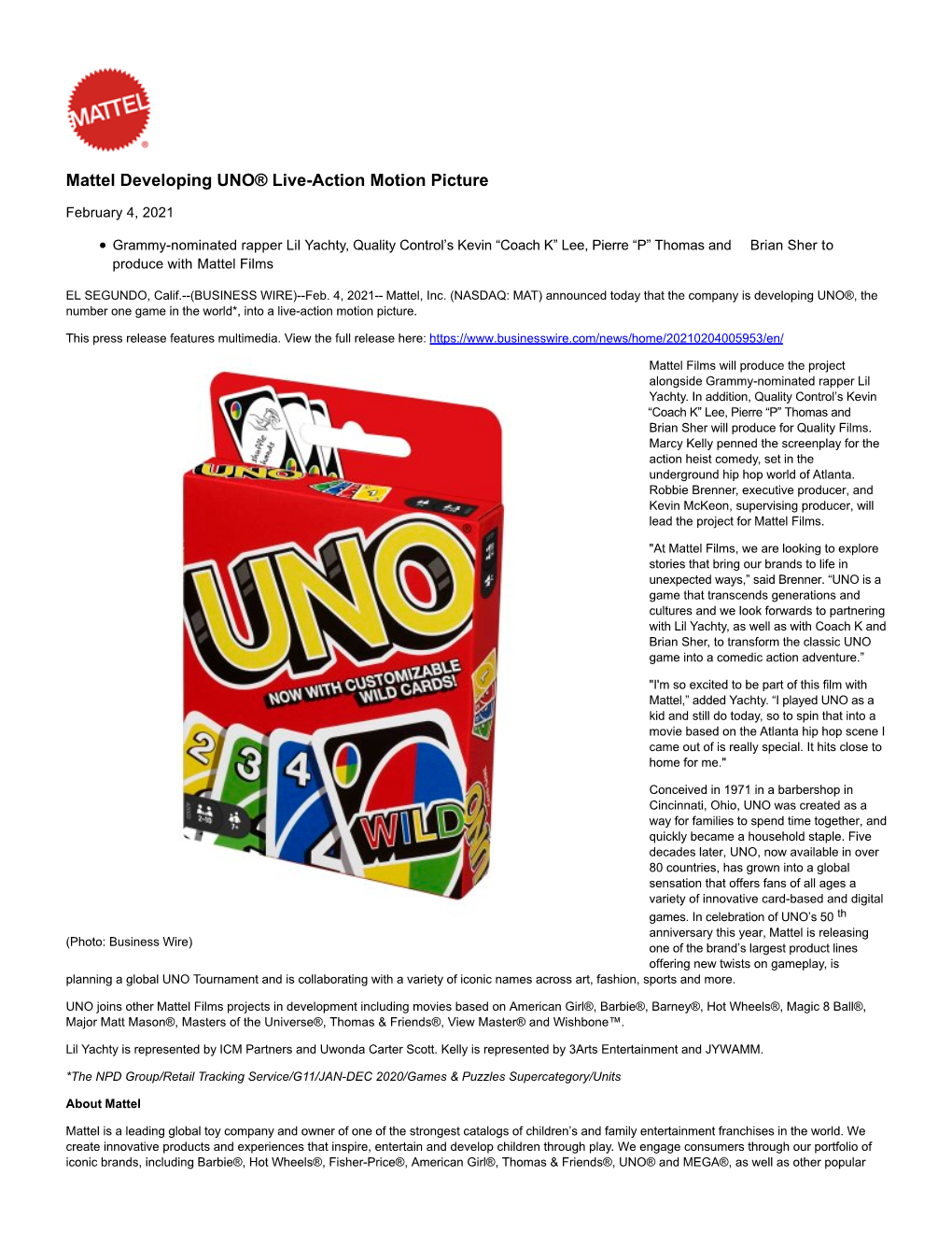 Mattel Developing UNO® Live-Action Motion Picture