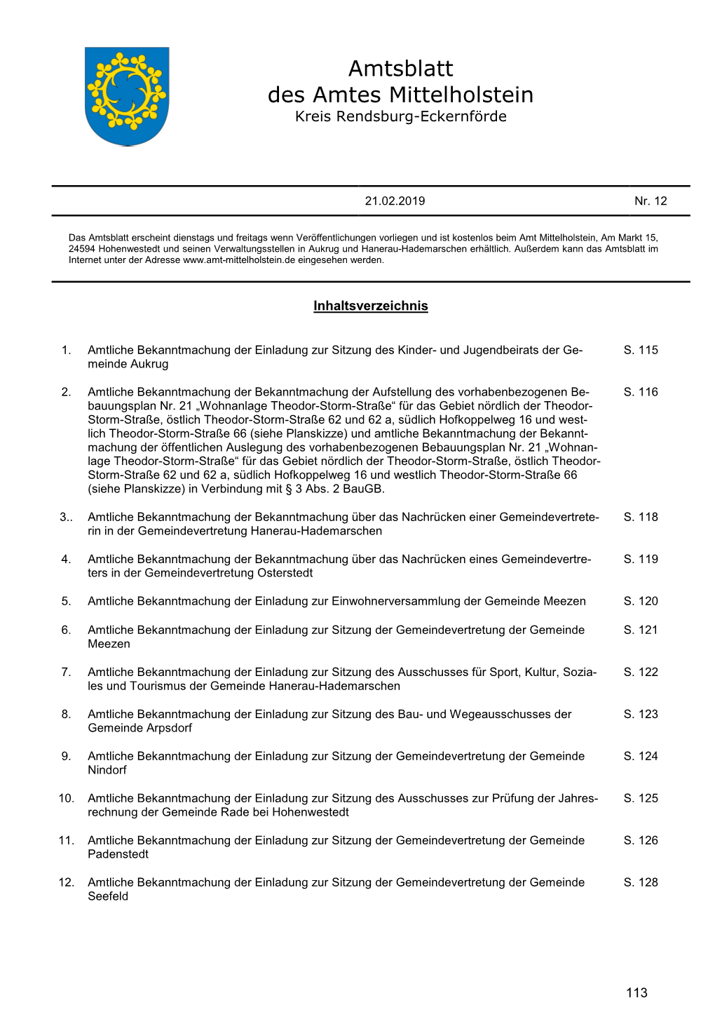 Amtsblatt Des Amtes Mittelholstein Nr.12 Vom 21.02.2020