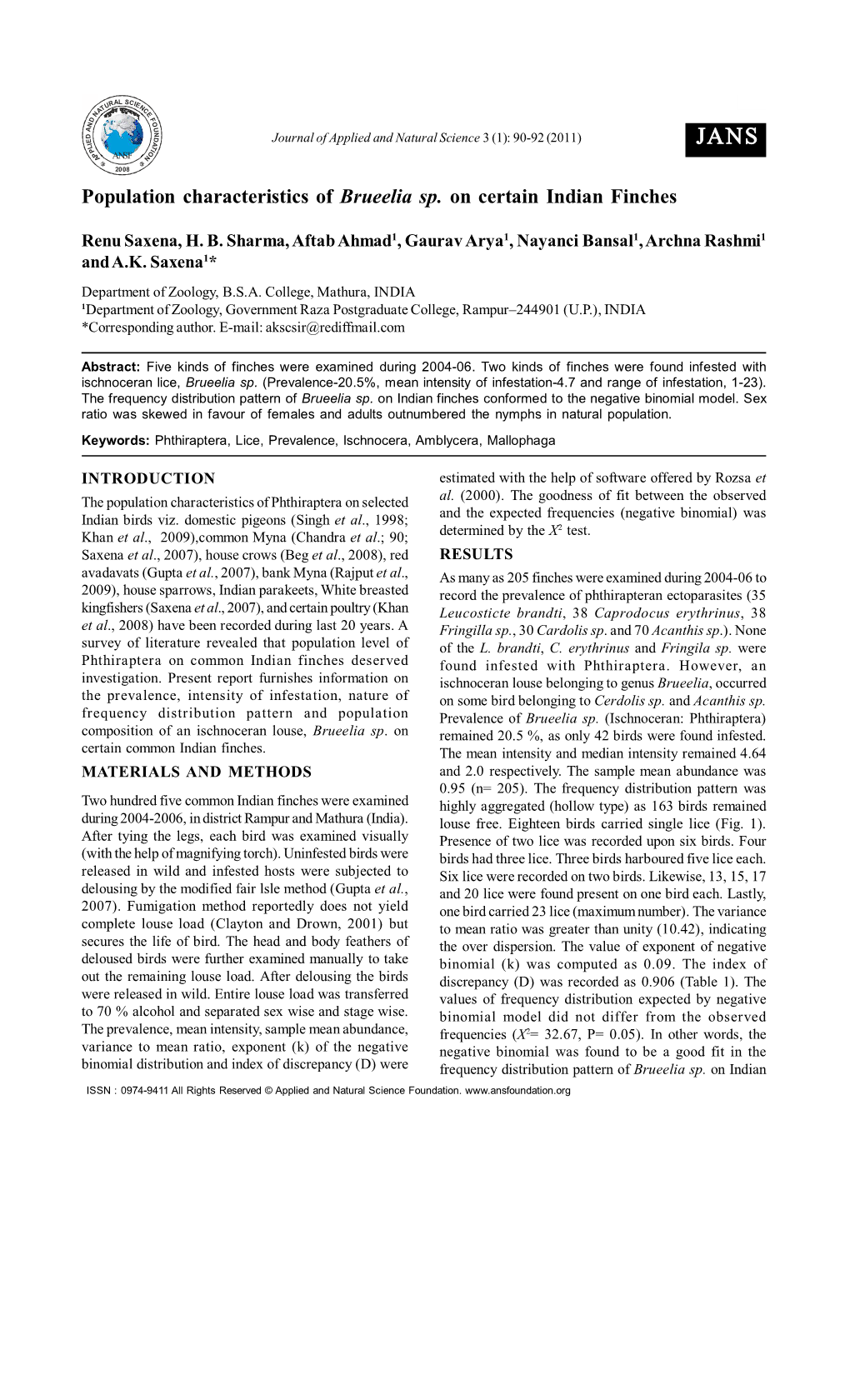 Population Characteristics of Brueelia Sp. on Certain Indian Finches