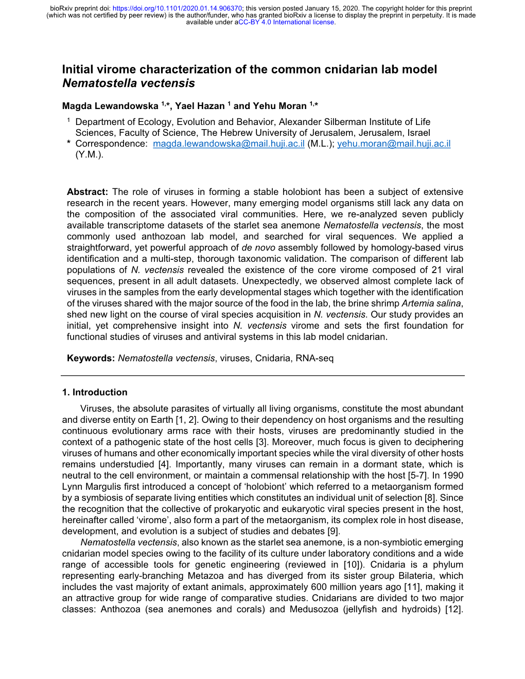 Initial Virome Characterization of the Common Cnidarian Lab Model Nematostella Vectensis