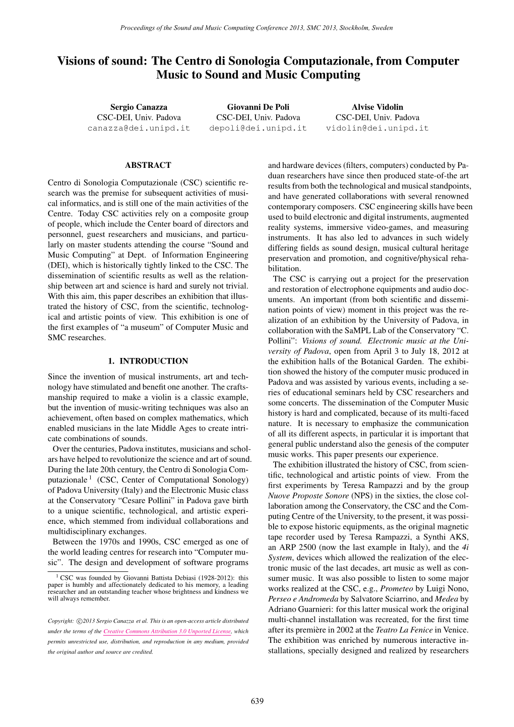 Proceedings of SMC Sound and Music Computing