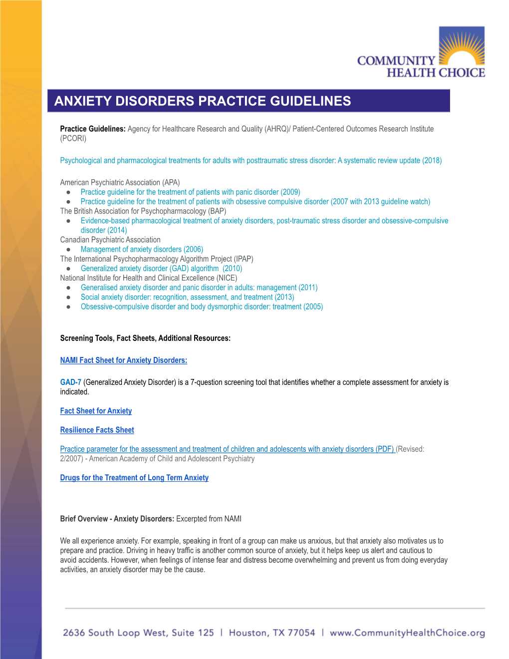 Anxiety Disorders Practice Guidelines