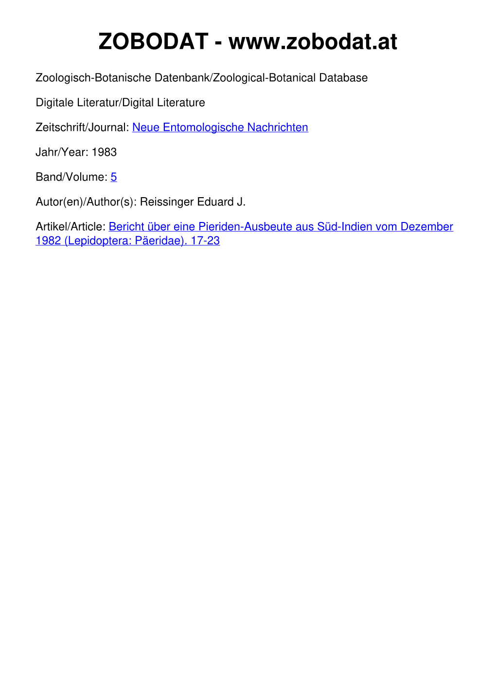 Bericht Über Eine Pieriden-Ausbeute Aus Süd-Indien Vom Dezember 1982 (Lepidoptera: Päeridae)