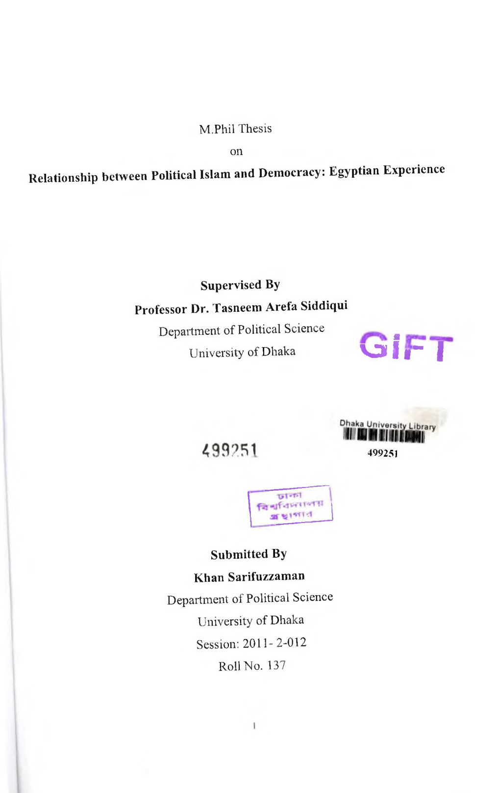 M.Phil Thesis on Relationship Between Political Islam and Democracy: Egyptian Experience
