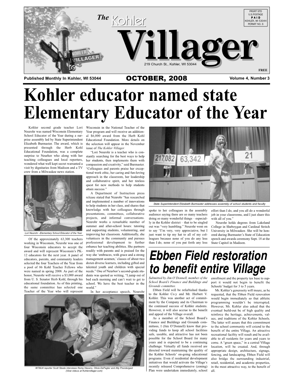 Kohler Educator Named State Elementary Educator of the Year