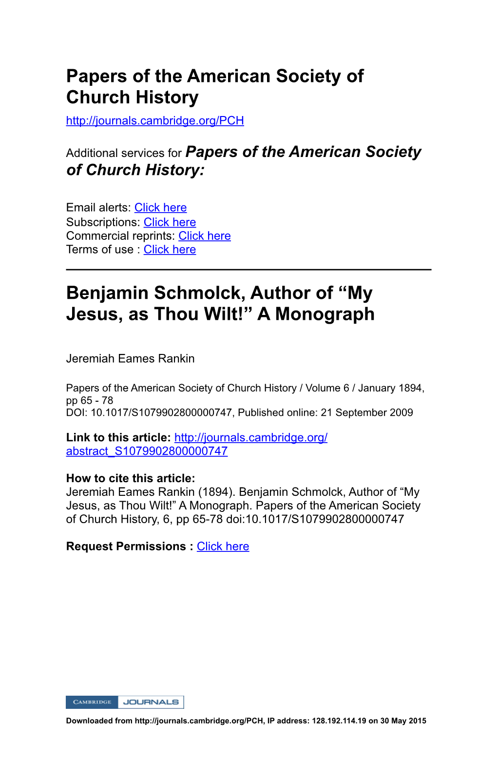 Papers of the American Society of Church History Benjamin Schmolck