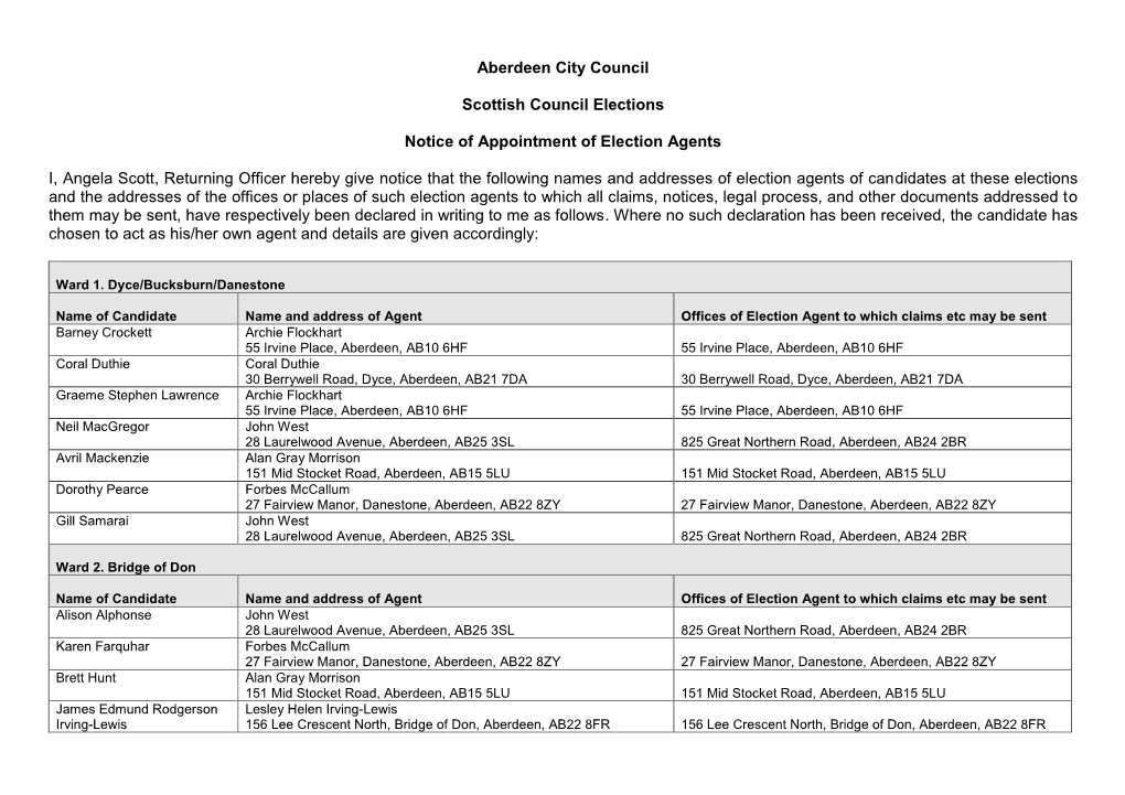 Aberdeen City Council Scottish Council Elections Notice Of