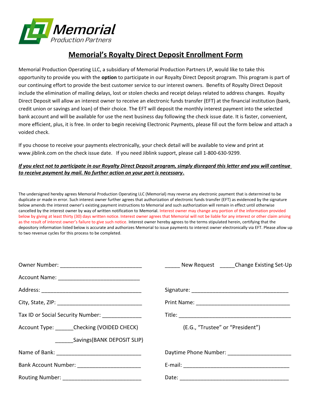 Memorial S Royalty Direct Deposit Enrollment Form