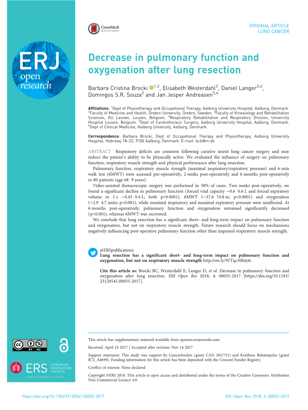 Decrease in Pulmonary Function and Oxygenation After Lung Resection