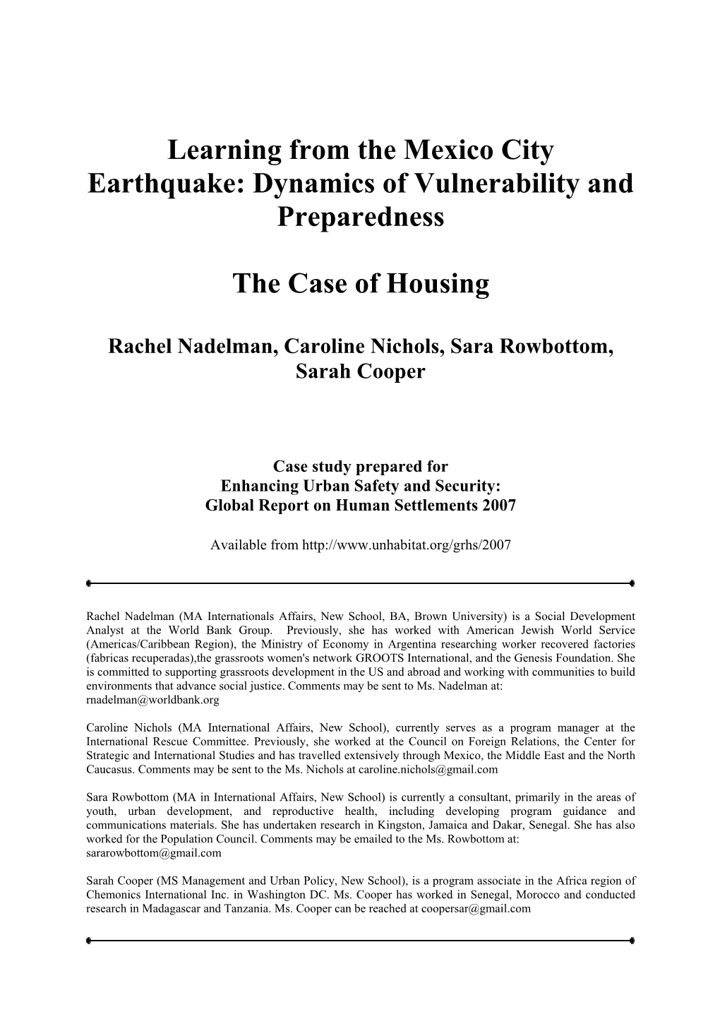 Learning from the Mexico City Earthquake: Dynamics of Vulnerability and Preparedness