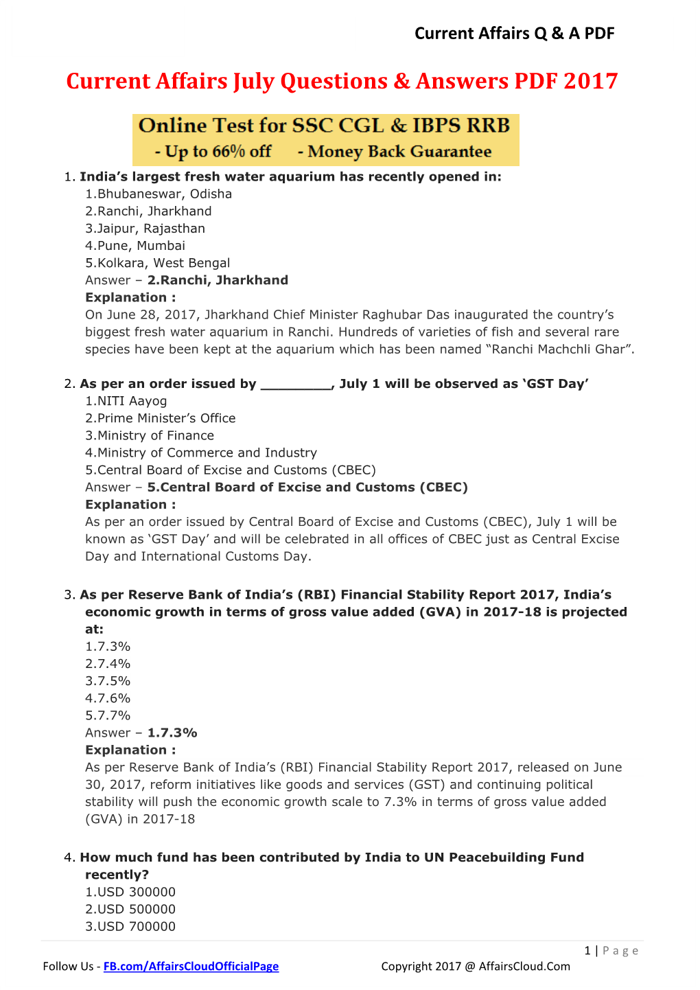 Current Affairs July Questions & Answers PDF 2017