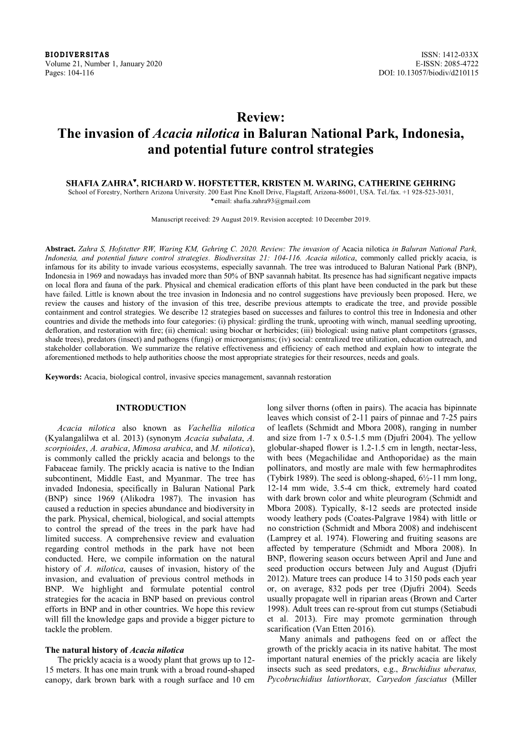 The Invasion of Acacia Nilotica in Baluran National Park, Indonesia, and Potential Future Control Strategies