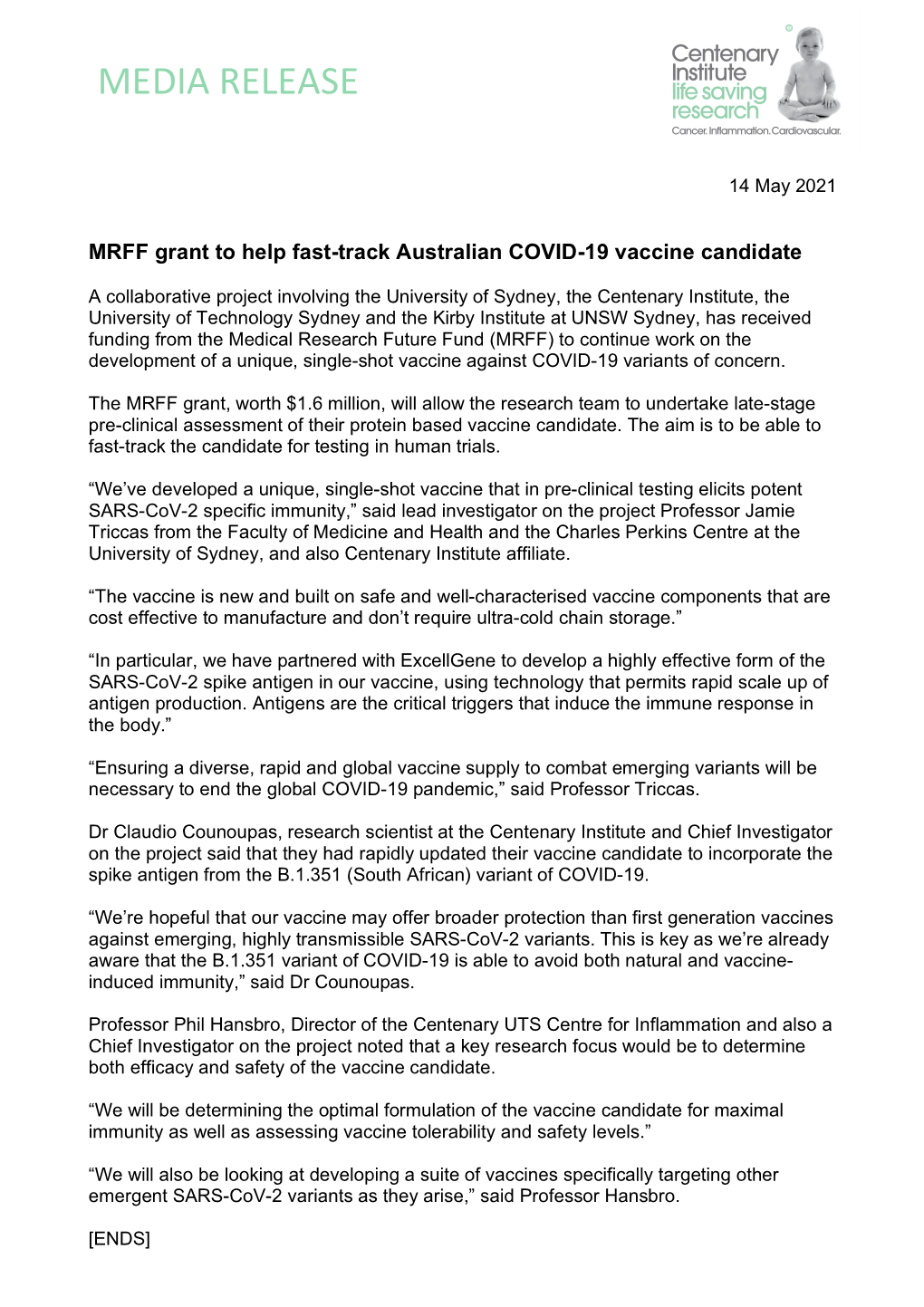 MRFF Grant to Help Fast-Track Australian COVID-19 Vaccine Candidate