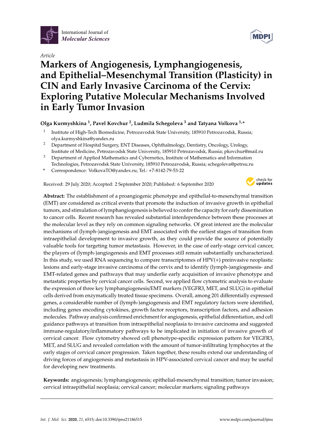 Markers of Angiogenesis, Lymphangiogenesis, and Epithelial