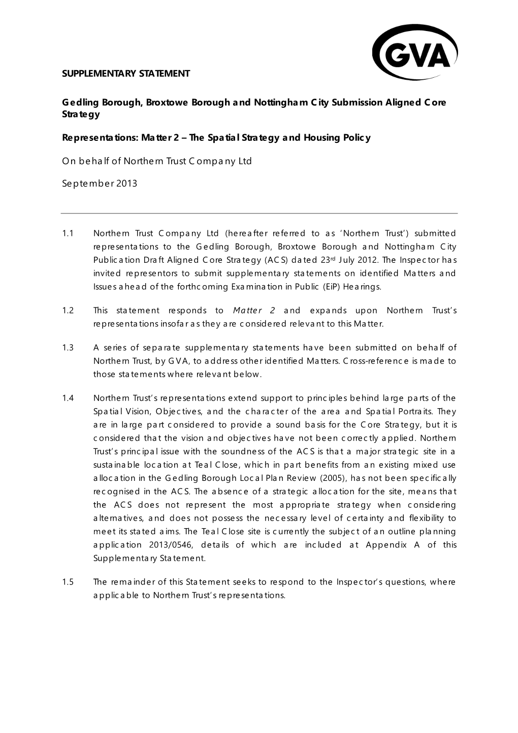 SUPPLEMENTARY STATEMENT Gedling Borough, Broxtowe