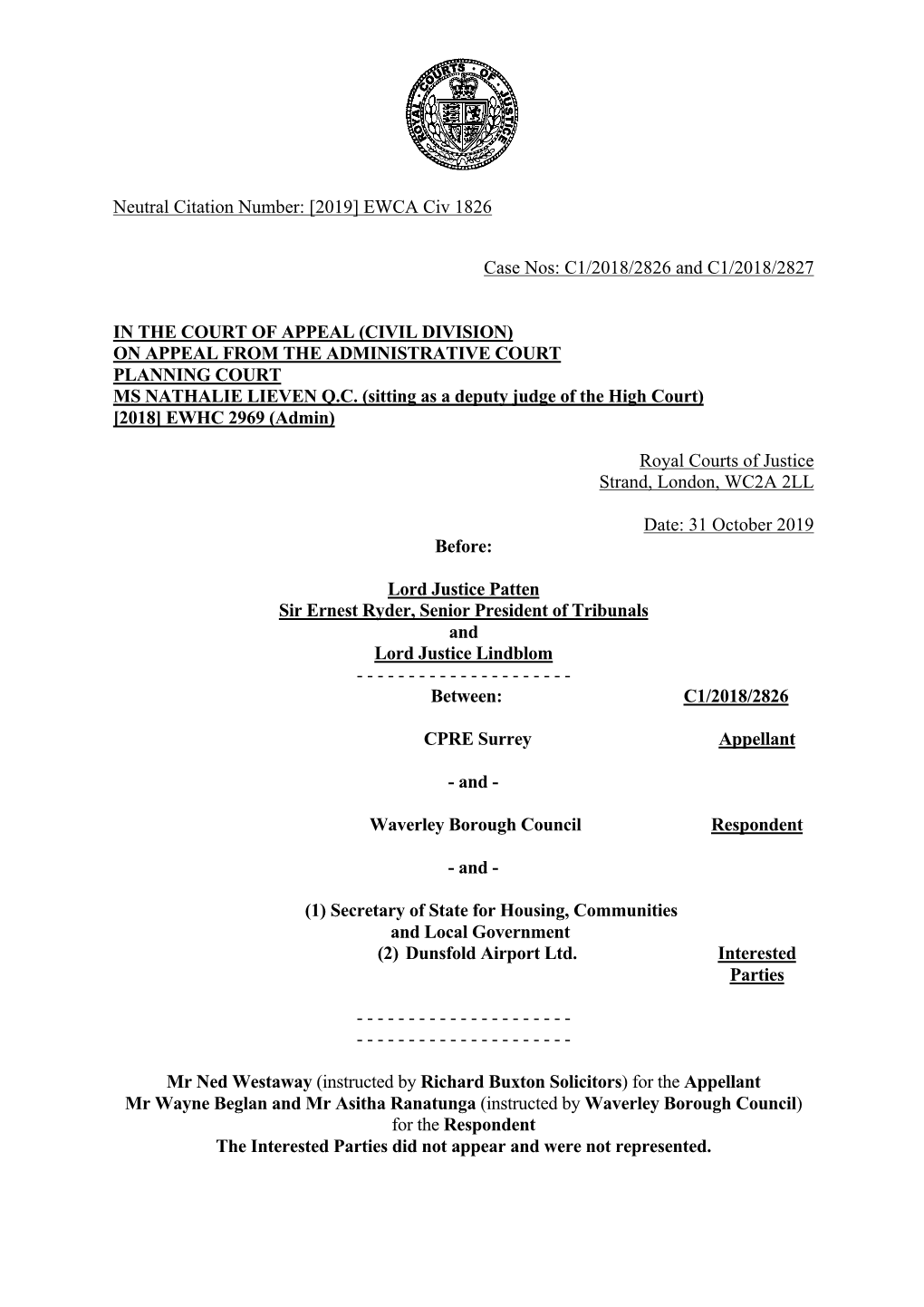 CPRE Surrey and POW V Waverley BC Judgment 31 October 2019