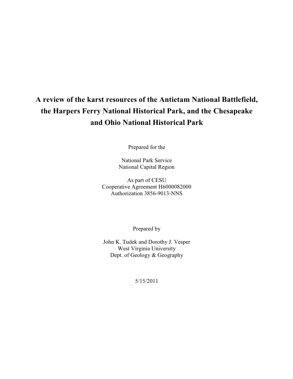 Karst Resources of the Antietam National Battlefield, the Harpers Ferry National Historical Park, and the Chesapeake and Ohio National Historical Park