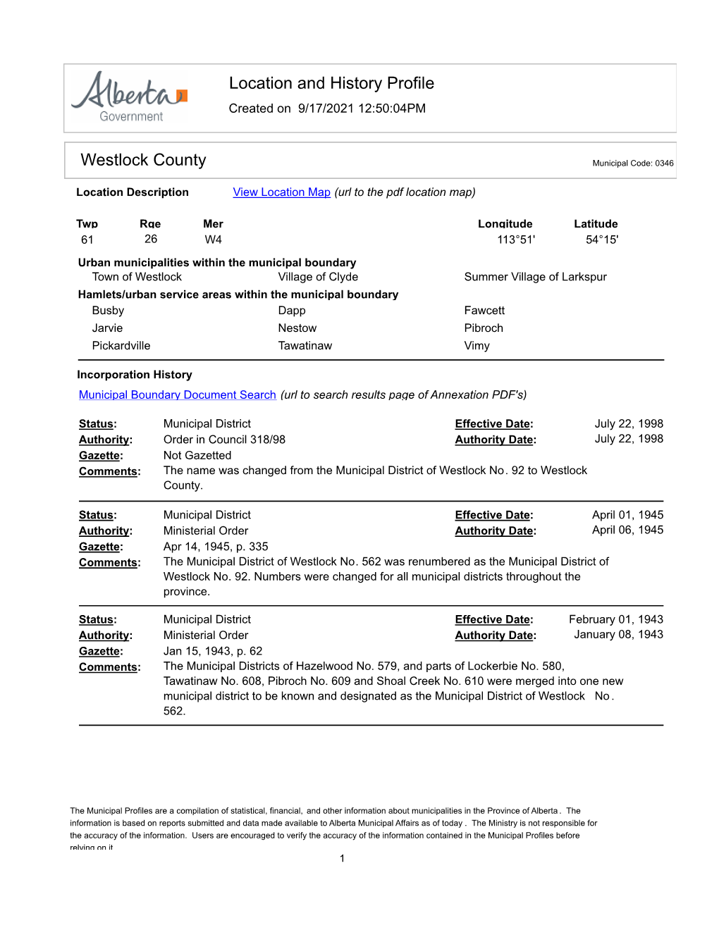 Location and History Profile Westlock County