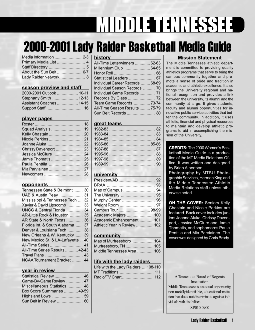 MIDDLE TENNESSEE 2000-2001 Lady Raider Basketball Media Guide Media Information