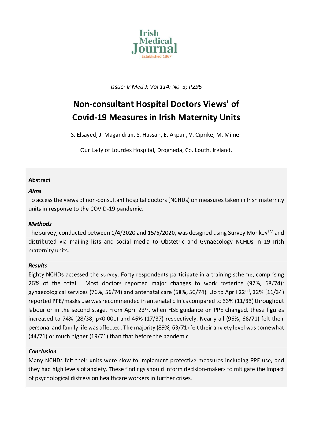 Non-Consultant Hospital Doctors Views' of Covid-19 Measures In