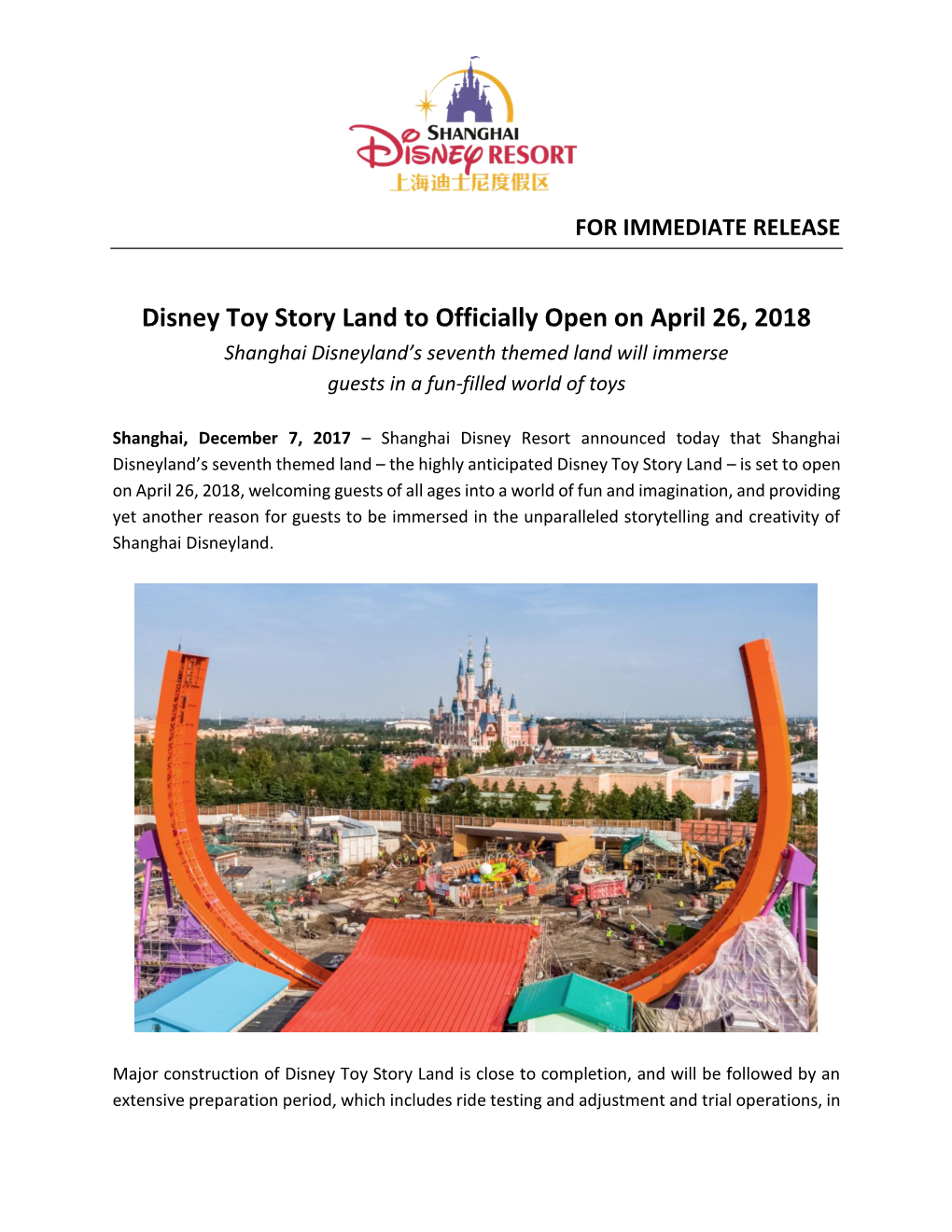 Disney Toy Story Land to Officially Open on April 26, 2018 Shanghai Disneyland’S Seventh Themed Land Will Immerse Guests in a Fun-Filled World of Toys