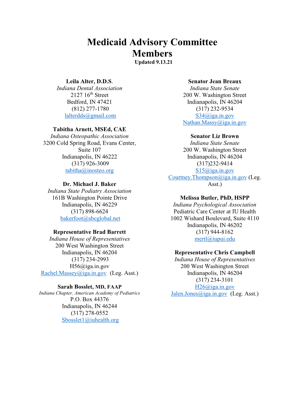 Medicaid Advisory Committee Members Updated 9.13.21